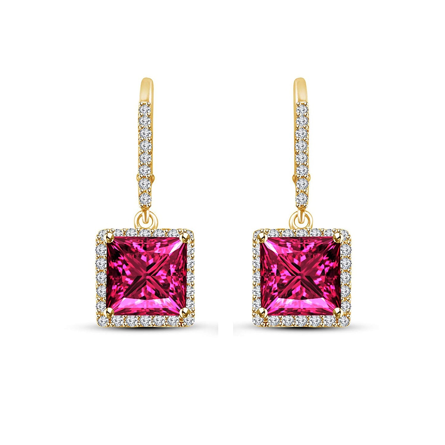 atjewels Princess Pink Sapphire and White CZ Yellow Gold Plated on Sterling 925 Lever Back Dangle Earrings For Women/Girls MOTHER'S DAY SPECIAL OFFER - atjewels.in