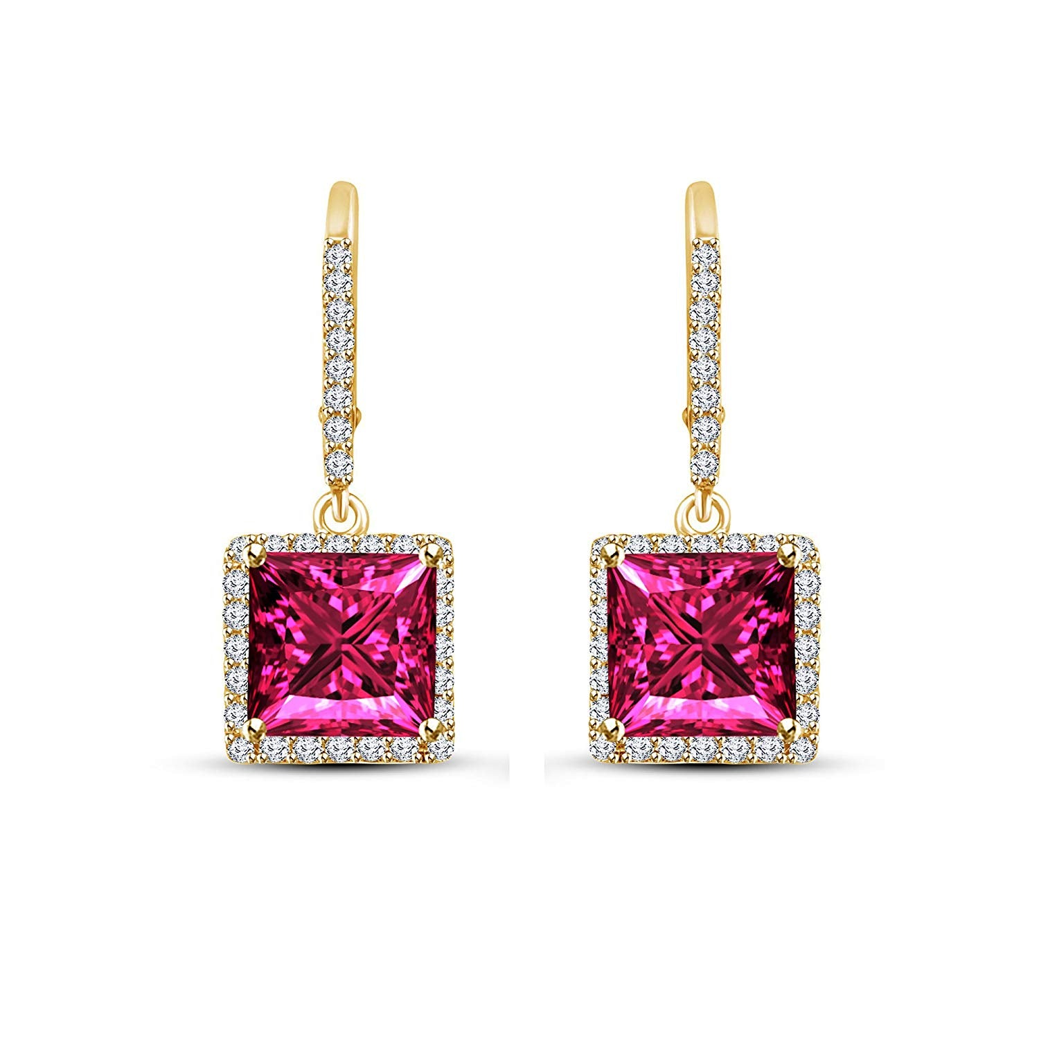 atjewels Princess Pink Sapphire and White CZ Yellow Gold Plated on Sterling 925 Lever Back Dangle Earrings For Women/Girls MOTHER'S DAY SPECIAL OFFER - atjewels.in