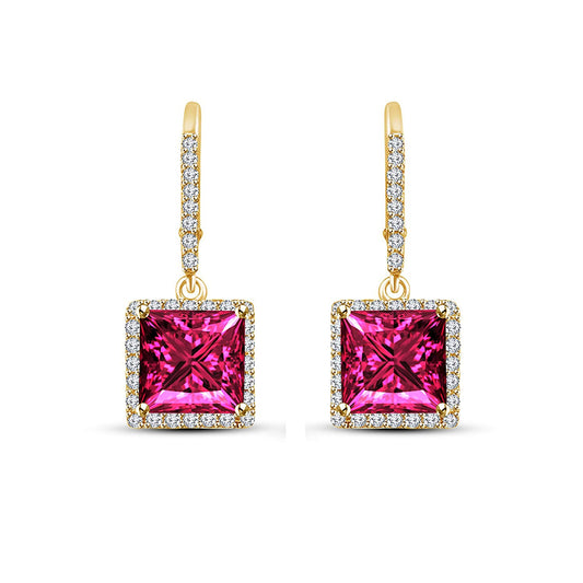 atjewels Princess Pink Sapphire and White CZ Yellow Gold Plated on Sterling 925 Lever Back Dangle Earrings For Women/Girls MOTHER'S DAY SPECIAL OFFER - atjewels.in