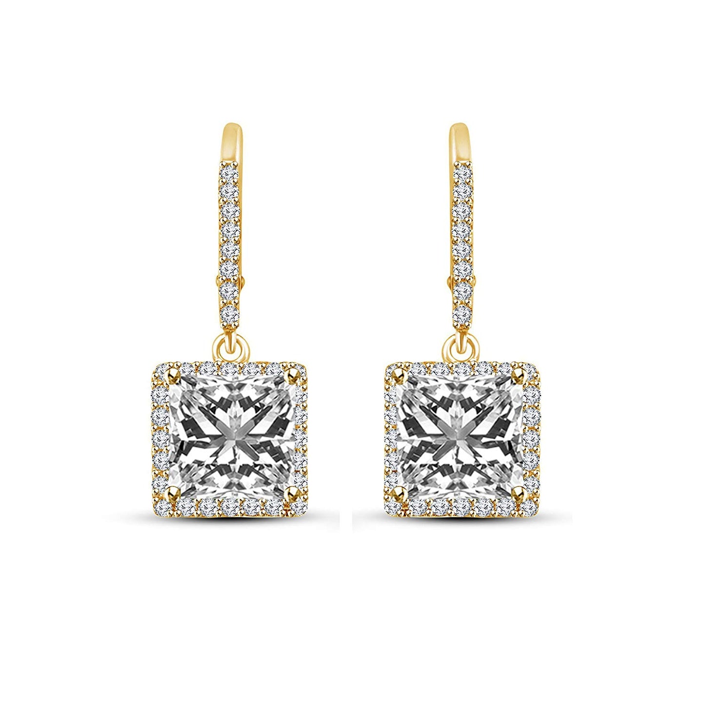 atjewels Princess and Round White CZ 14K Yellow Gold Plated on Sterling 925 Lever Back Dangle Earrings For Women/Girls MOTHER'S DAY SPECIAL OFFER - atjewels.in