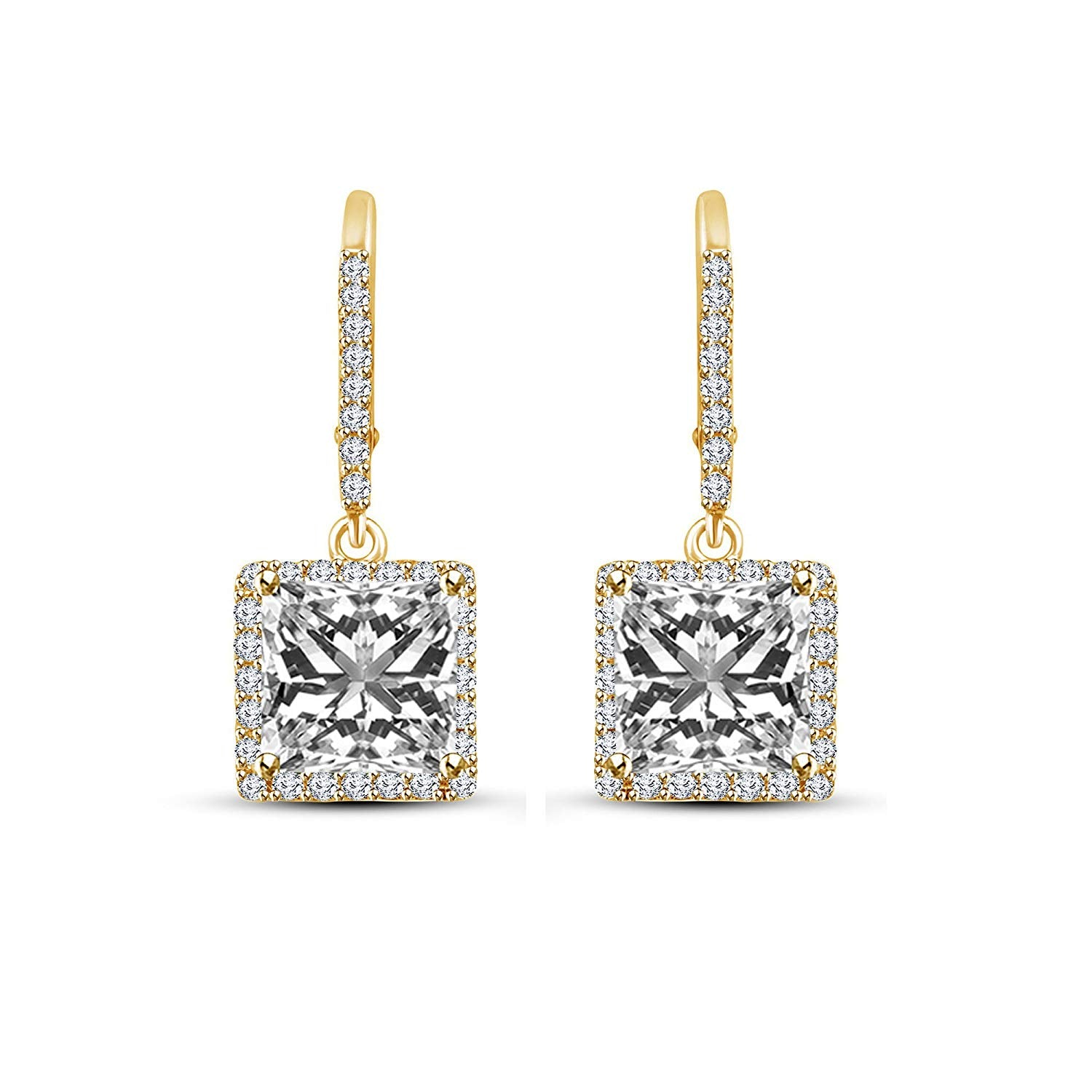 atjewels Princess and Round White CZ 14K Yellow Gold Plated on Sterling 925 Lever Back Dangle Earrings For Women/Girls MOTHER'S DAY SPECIAL OFFER - atjewels.in