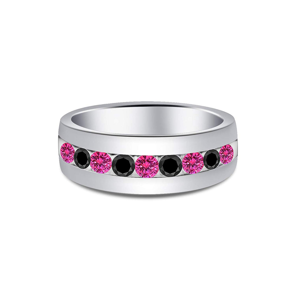 atjewels Round Cut Pink Sapphire & Black CZ .925 Sterling Silver Wedding Band Ring For Women's and Girl's For Diwali Special - atjewels.in