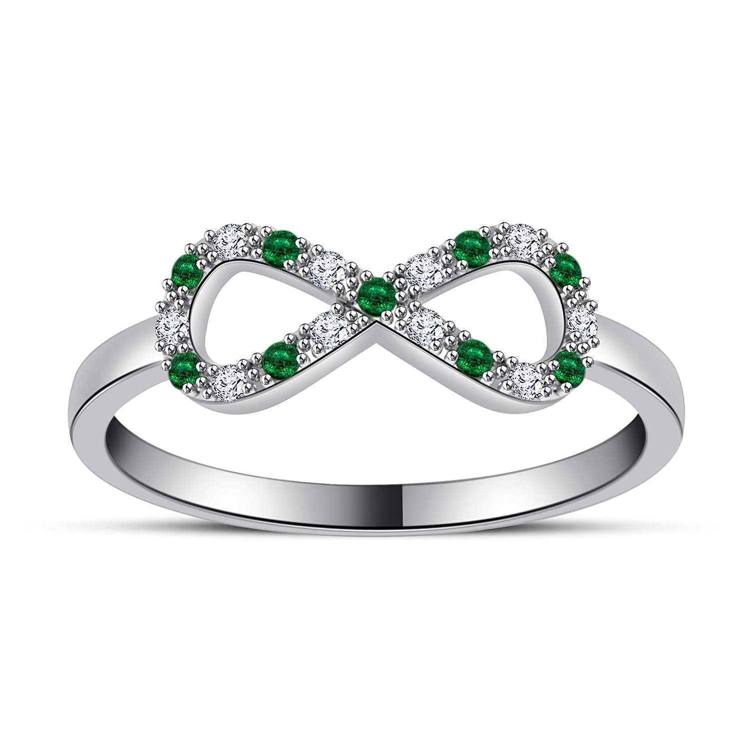 atjewels 14K White Gold Over .925 Silver White and Green Emerald Infinity Ring Size Free MOTHER'S DAY SPECIAL OFFER - atjewels.in