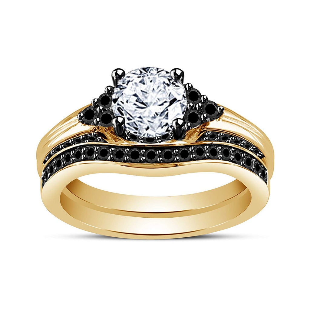atjewels Yellow and Black Gold Over 925 Sterling Silver Round White and Balck Zirconia Women's Bridal Ring Set MOTHER'S DAY SPECIAL OFFER - atjewels.in