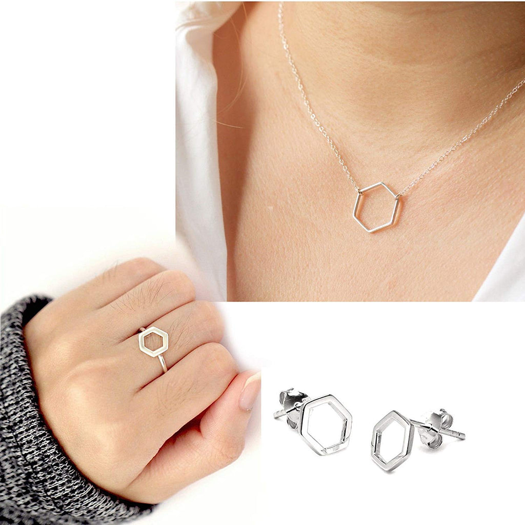 925 Sterling Silver Hexagon Shape Pendant Earrings & Ring Jewelry Set MOTHER'S DAY SPECIAL OFFER - atjewels.in