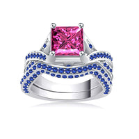 atjewels 14K White Gold Over 925 Sterling Princess Pink and Blue Round Sapphire Bridal Ring Set Size US 7 MOTHER'S DAY SPECIAL OFFER - atjewels.in