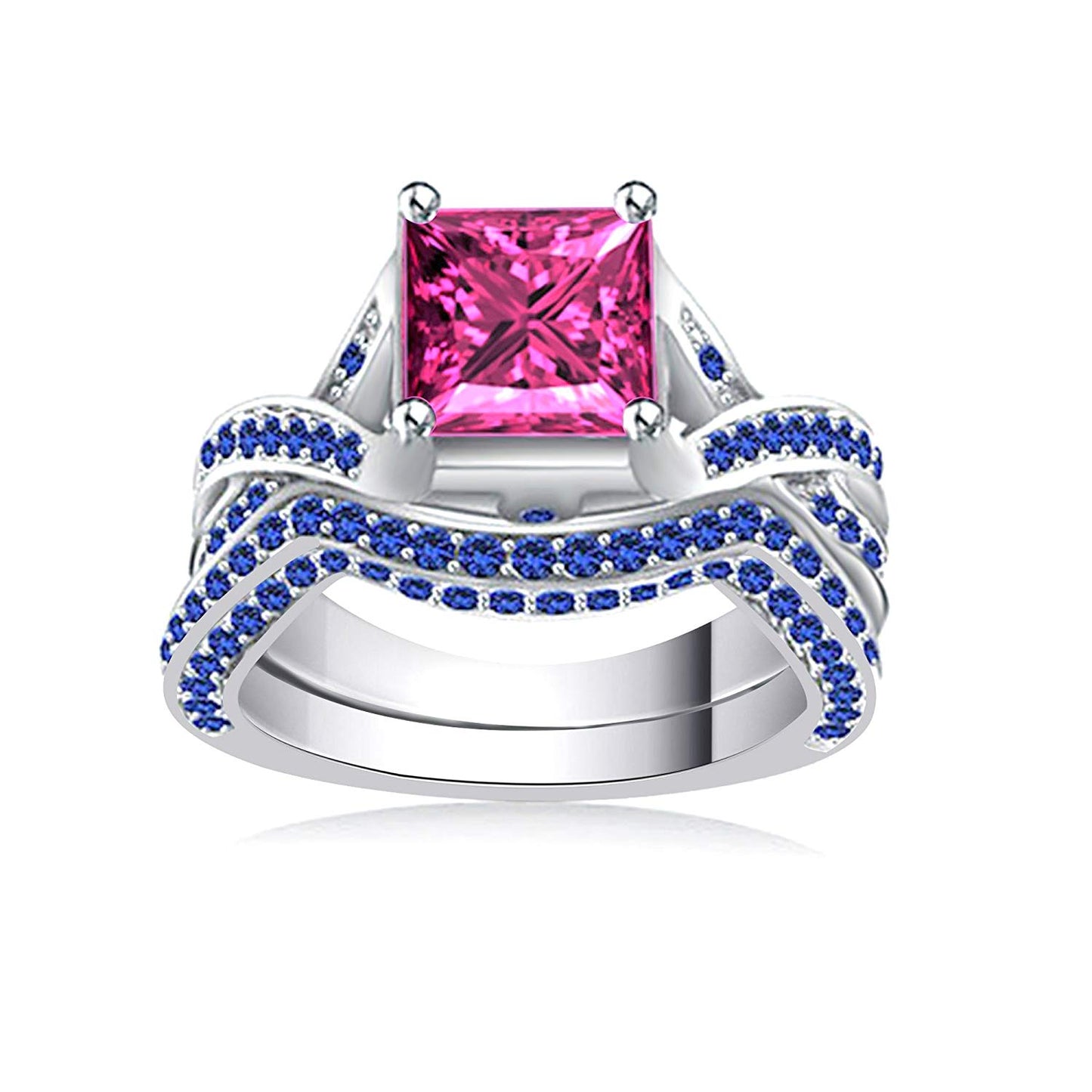 atjewels 14K White Gold Over 925 Sterling Princess Pink and Blue Round Sapphire Bridal Ring Set MOTHER'S DAY SPECIAL OFFER - atjewels.in