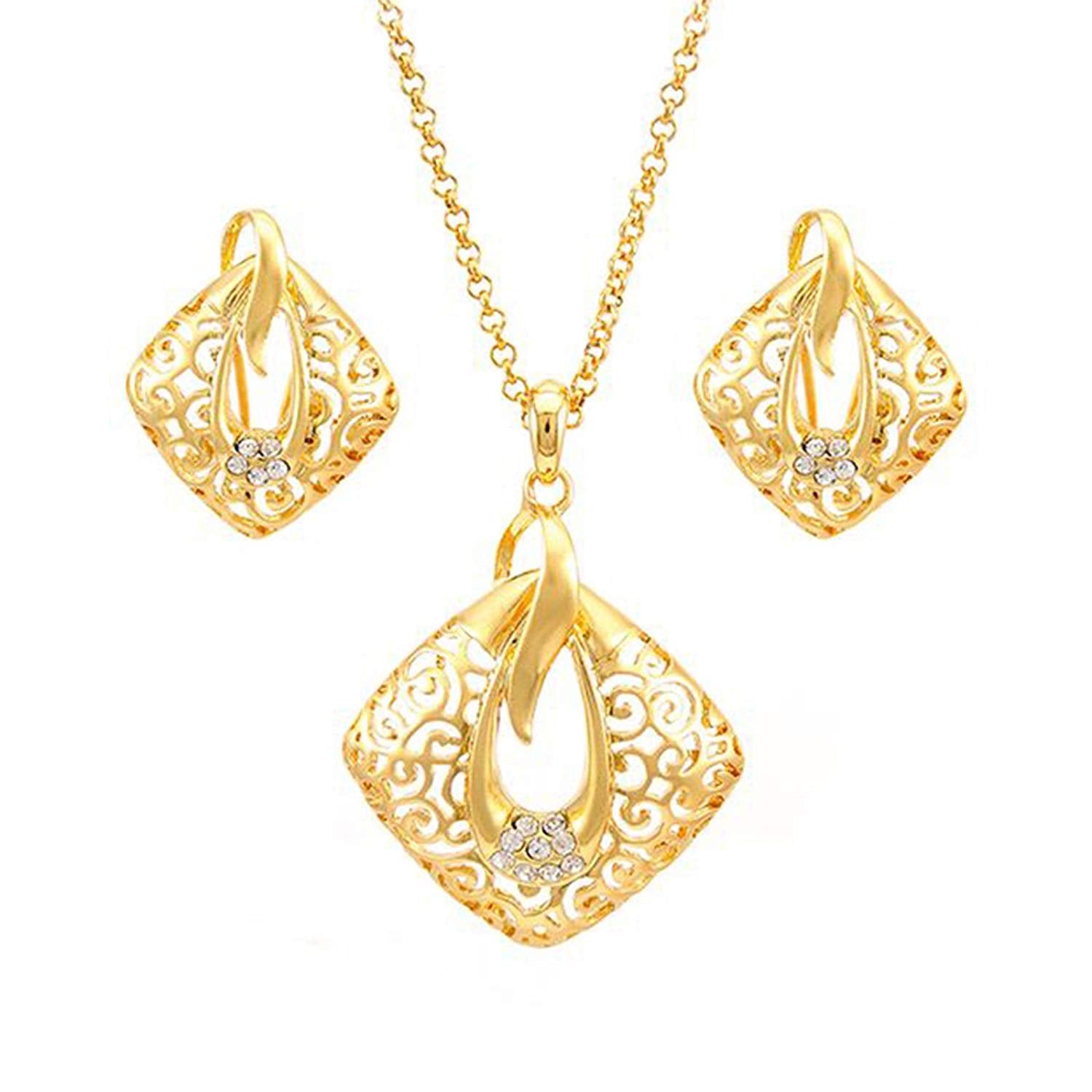 atjewels Round Cut White CZ 14k Yellow Gold Over .925 Sterling Silver Fashion Pendant & Earrings For Girl's & Women's - atjewels.in