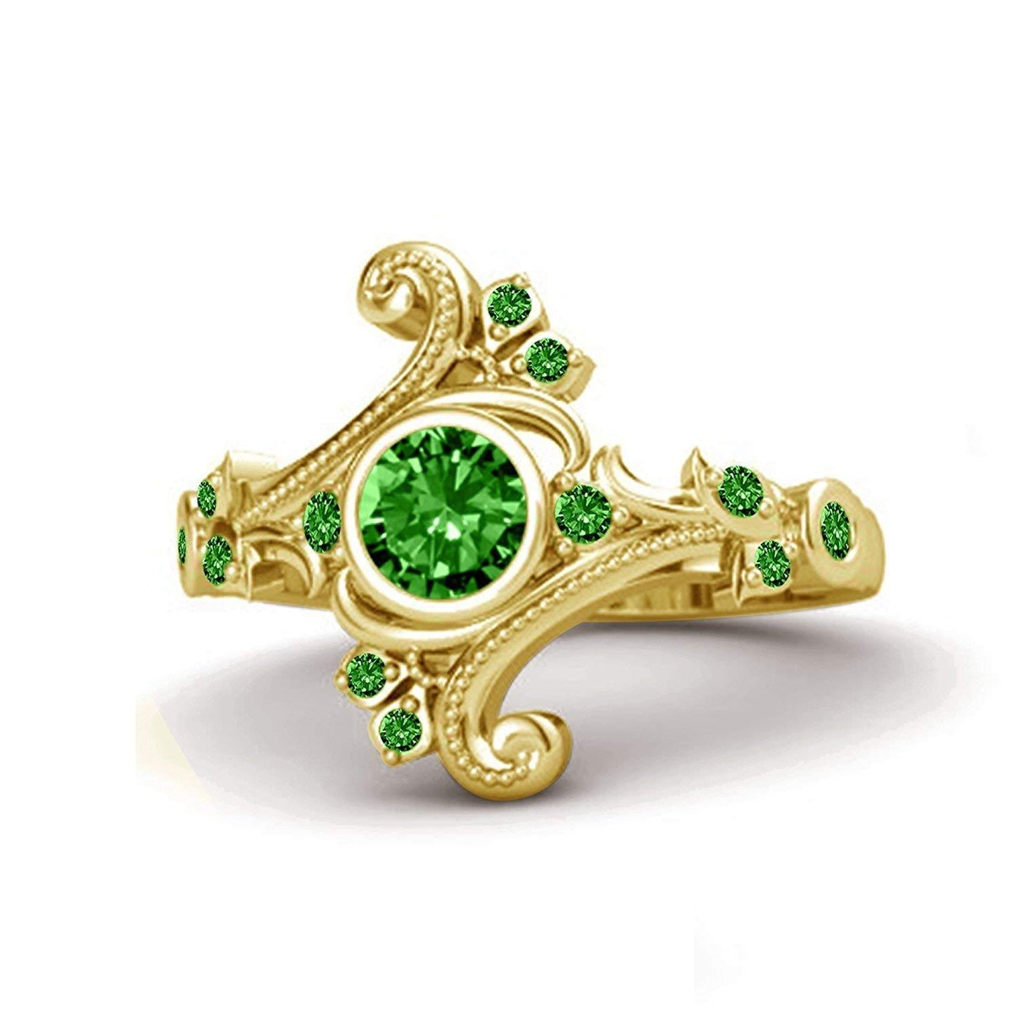 atjewels Round Cut Green Emerald 14k Yellow Gold Over .925 Sterling Silver  Princess Engagement & Flamenco Ring For Women's and Girl's For Diwali Special - atjewels.in