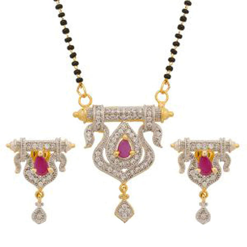14K Two Tone Gold Over .925 Sterling Silver Pear shape Ruby & Round Cut White Diamond Mangalsutra Set For Women's MOTHER'S DAY SPECIAL OFFER - atjewels.in