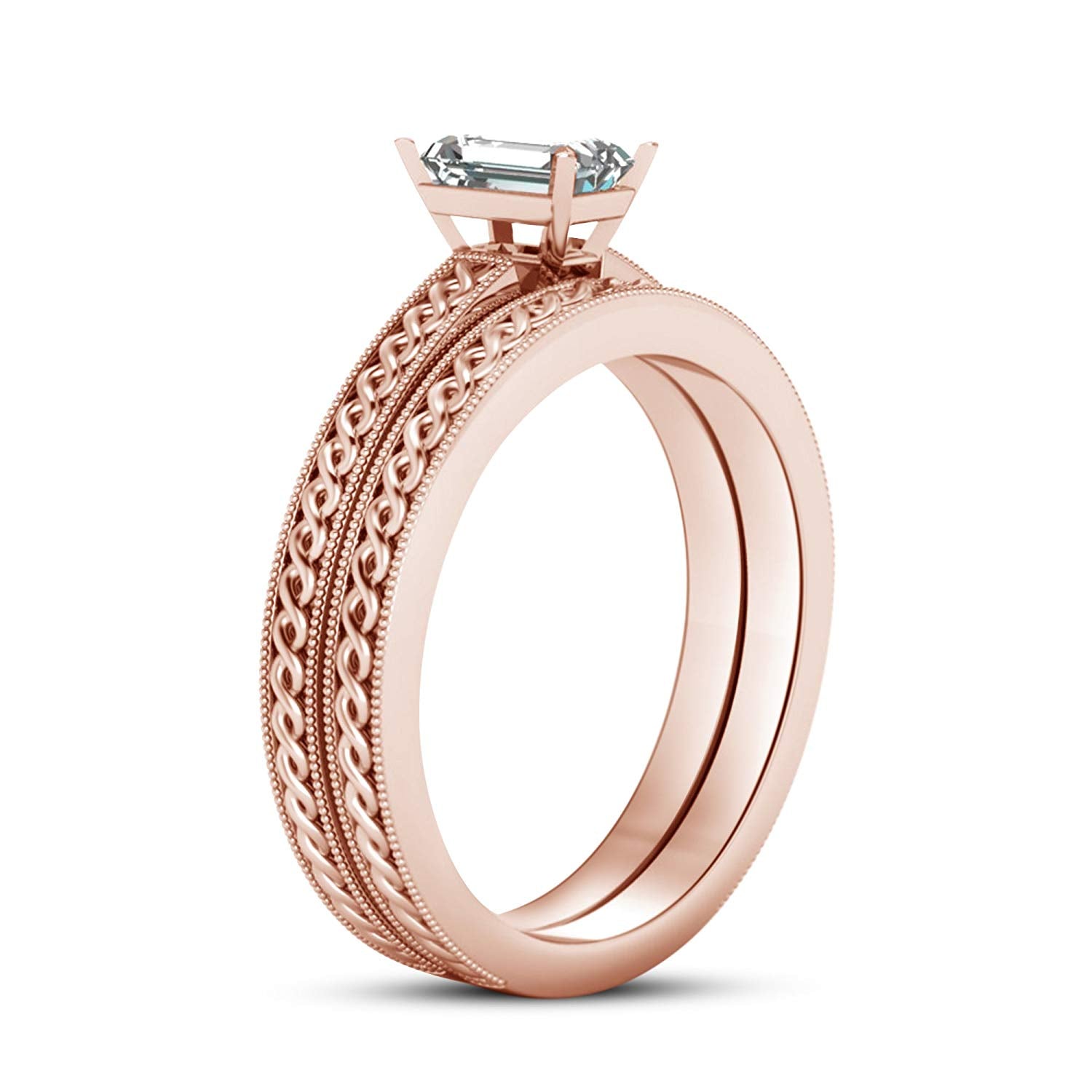 atjewels 14K Rose Gold Over Silver White Zirconia Emerald Cut Solitaire and Bridal Ring Set MOTHER'S DAY SPECIAL OFFER - atjewels.in