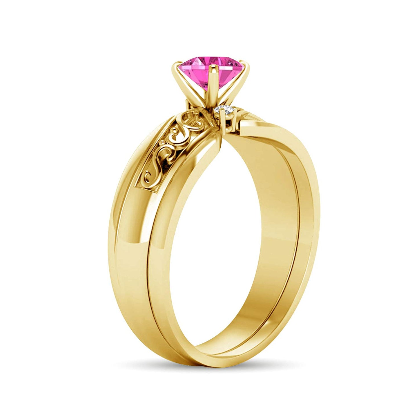 atjewels 14K Yellow Gold Over .925 Sterling Silver Round Cut Pink Sapphire & White Simulated Diamond Bridal Ring MOTHER'S DAY SPECIAL OFFER - atjewels.in