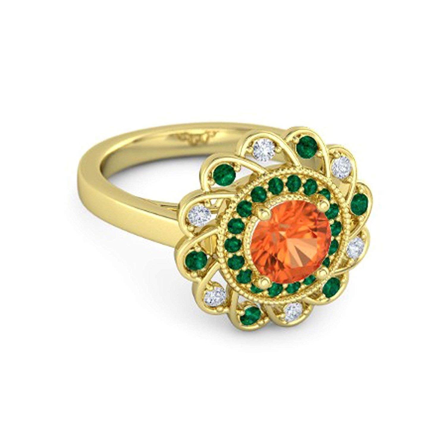 atjewels Round Cut Orange Sapphire, Green Emerald & White CZ 14k Yellow Gold Over .925 Sterling Silver Engagement Flower Ring For Women's and Girl's For Diwali Special - atjewels.in