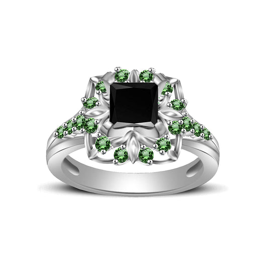 atjewels Princess & Round Cut Black Cubic Zirconia & Green Emerald .925 Sterling Silver Engagement Ring Size 10 For Women's and Girl's MOTHER'S DAY SPECIAL OFFER - atjewels.in