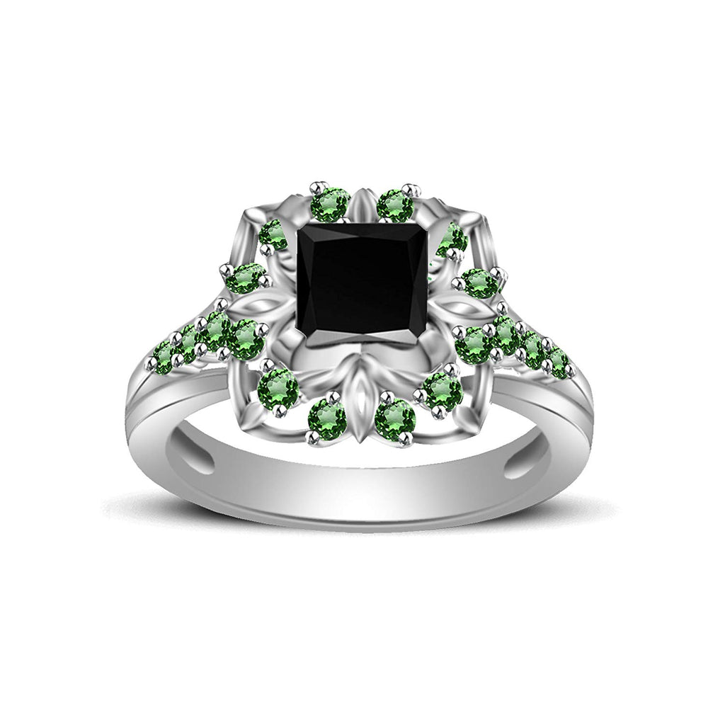 atjewels Princess & Round Cut Black Cubic Zirconia & Green Emerald .925 Sterling Silver Engagement Ring Size 8 For Women's and Girl's MOTHER'S DAY SPECIAL OFFER - atjewels.in