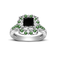 atjewels Princess & Round Cut Black Cubic Zirconia & Green Emerald .925 Sterling Silver Engagement Ring Size 5 For Women's and Girl's MOTHER'S DAY SPECIAL OFFER - atjewels.in