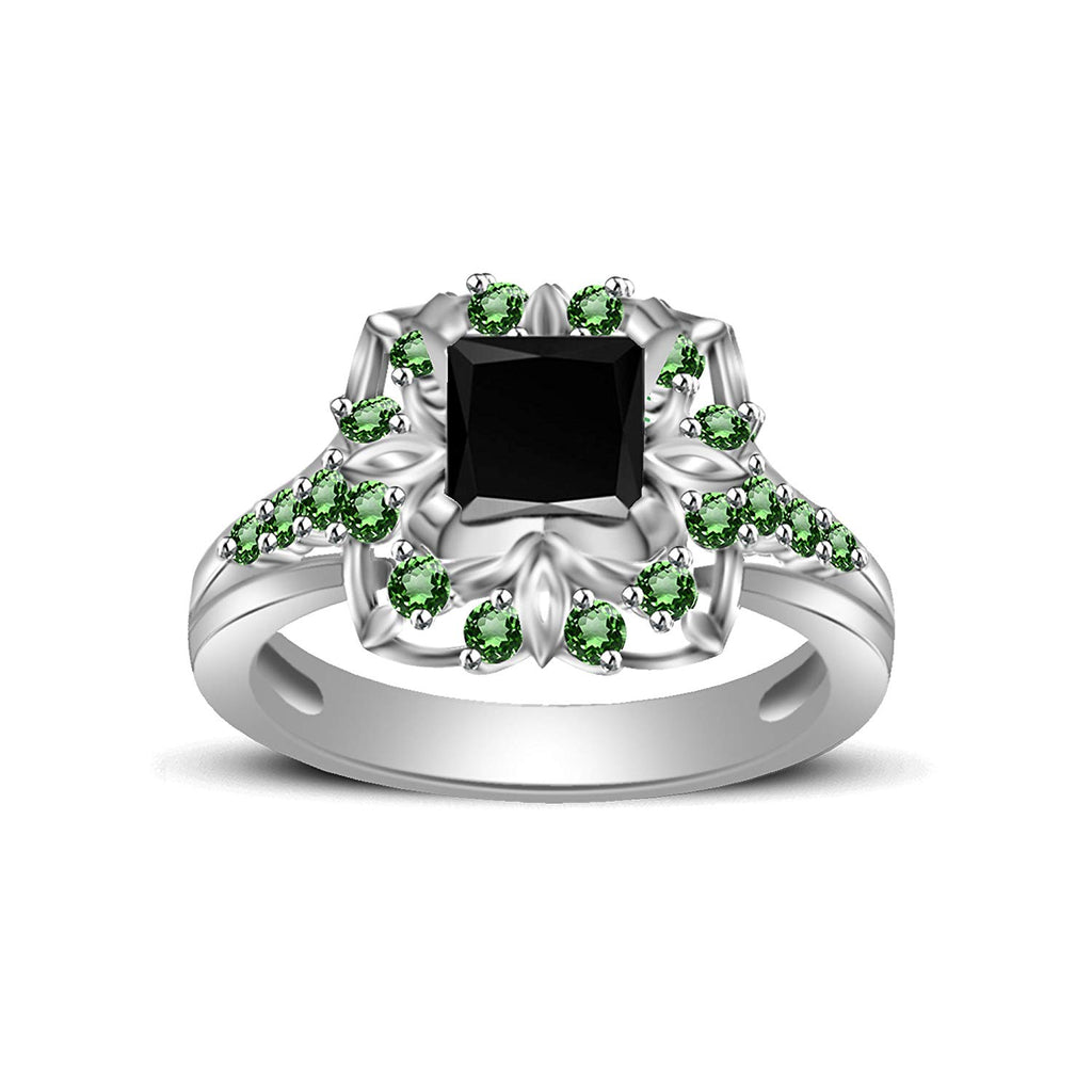 atjewels Princess & Round Cut Black Cubic Zirconia & Green Emerald .925 Sterling Silver Engagement Ring Size 6 For Women's and Girl's MOTHER'S DAY SPECIAL OFFER - atjewels.in