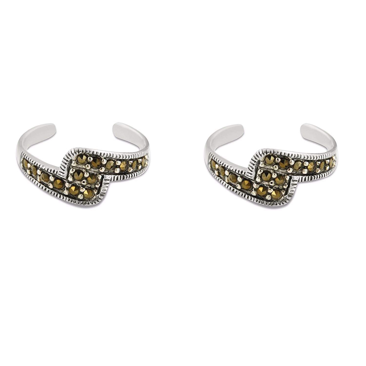 atjewels Round Marcasite .925 Sterling Silver Bypass Adjustable ToeRing For Women and Girls - atjewels.in