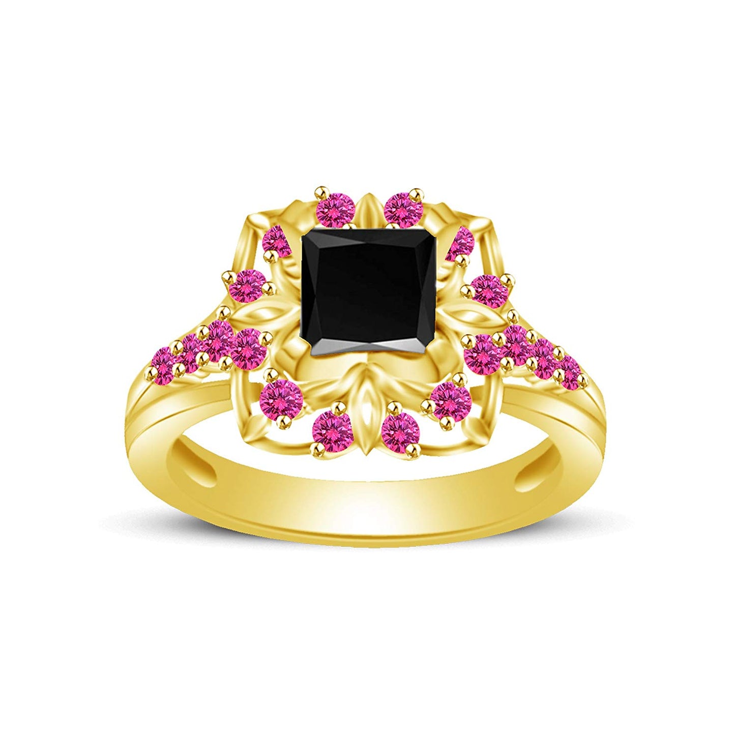 atjewels Princess & Round Cut Black Cubic Zirconia & Pink Sapphire 14k Yellow Gold Over .925 Sterling Silver Engagement Ring Size 7 For Women's and Girl's MOTHER'S DAY SPECIAL OFFER - atjewels.in