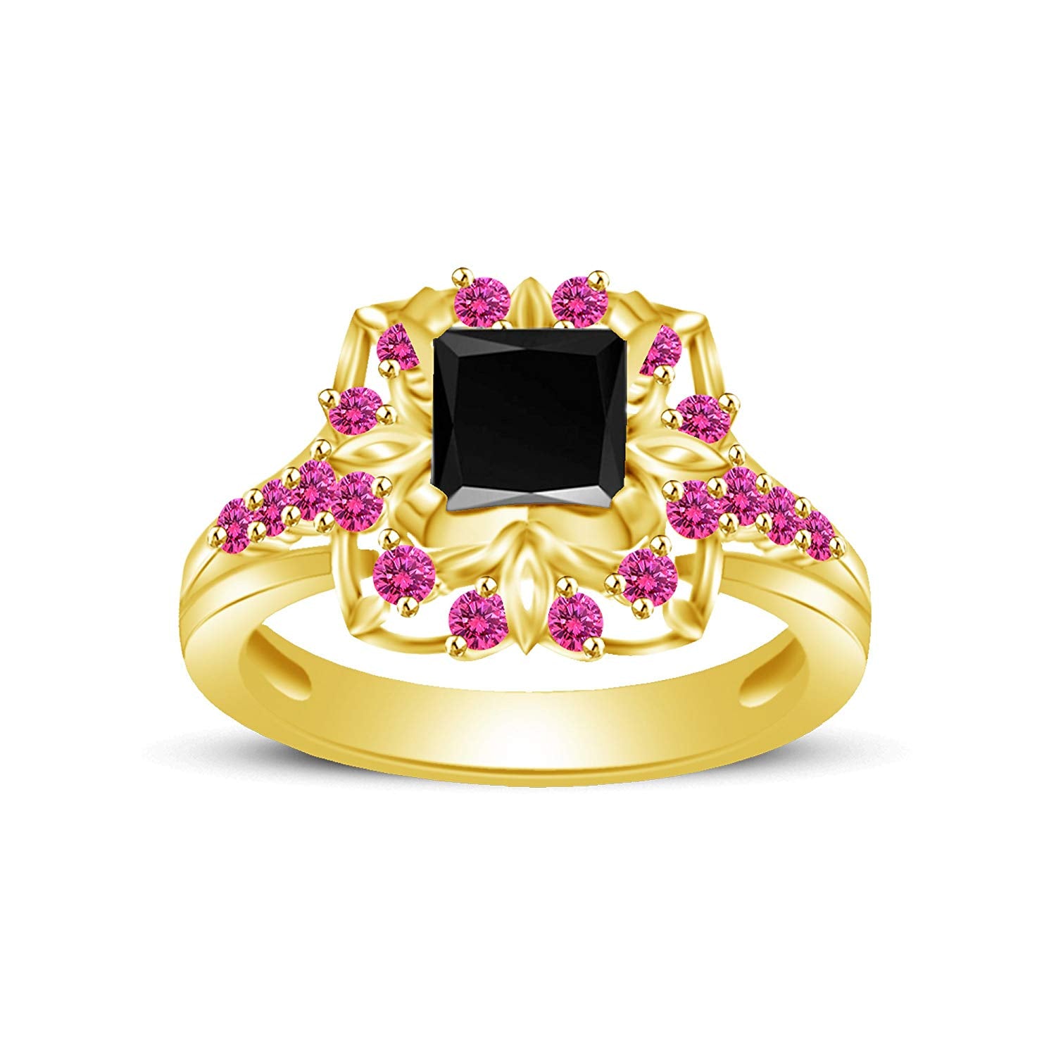 atjewels Princess & Round Cut Black Cubic Zirconia & Pink Sapphire 14k Yellow Gold Over .925 Sterling Silver Engagement Ring Size 12 For Women's and Girl's MOTHER'S DAY SPECIAL OFFER - atjewels.in