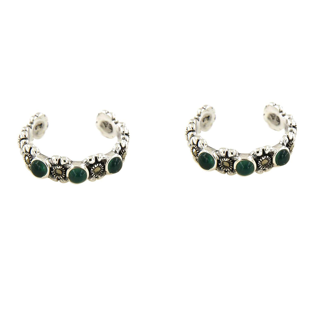 atjewels Round Green Onyx & Marcasite .925 Sterling Silver Flower Adjustable ToeRing For Women's and Girls - atjewels.in