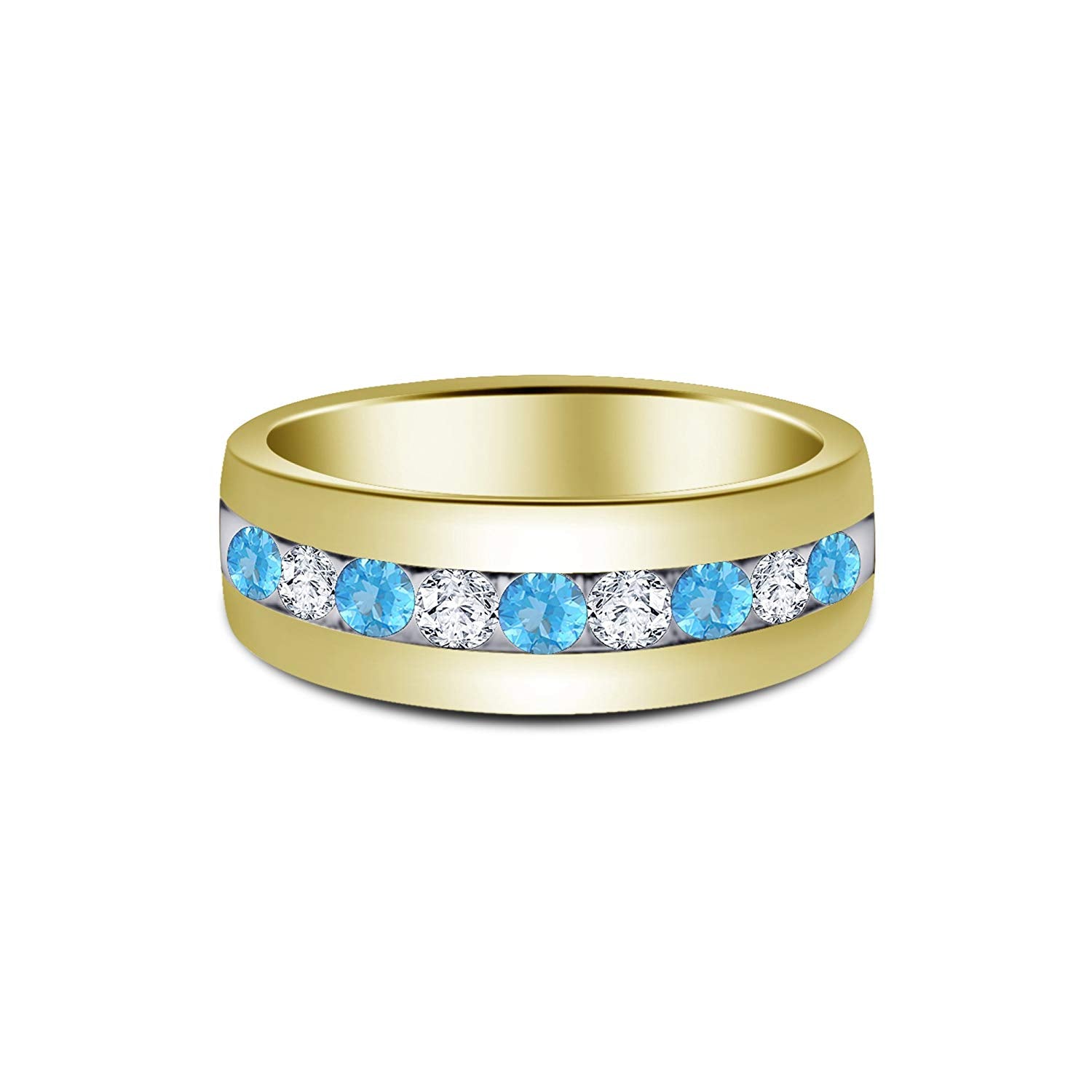 atjewels Round Cut Aquamarine & White CZ 14k Yellow Gold Over .925 Sterling Silver Wedding Band Ring For Women's and Girl's For Diwali Special - atjewels.in
