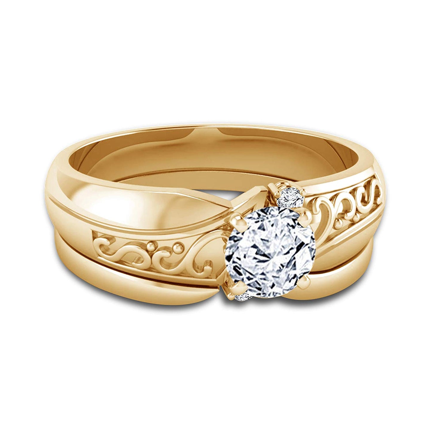 atjewels Round White Zirconia with 14K Yellow Gold Over .925 Sterling Silver Engagement Bridal Ring Set MOTHER'S DAY SPECIAL OFFER - atjewels.in