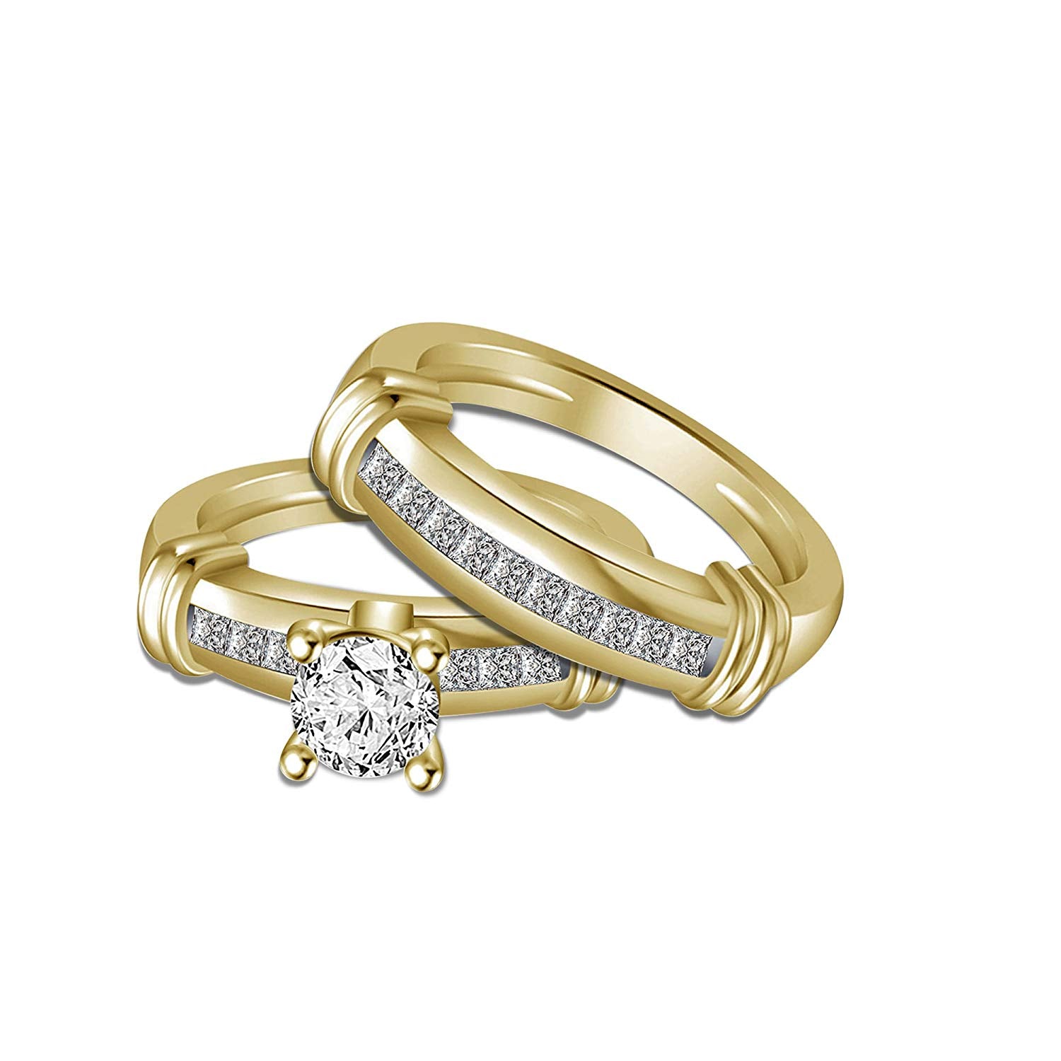 atjewels 14K Yellow Gold Over 925 Sterling Silver Round White CZ Engagement Trio Ring Set MOTHER'S DAY SPECIAL OFFER - atjewels.in