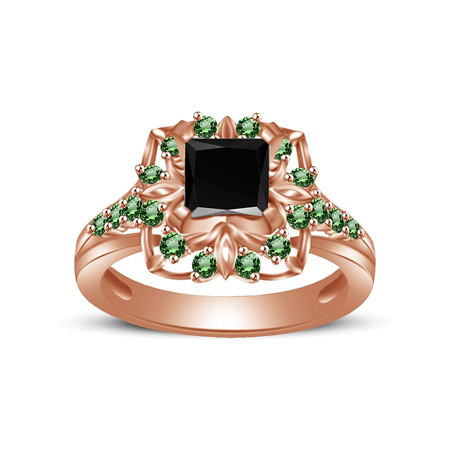 atjewels Princess & Round Cut Black Cubic Zirconia & Green Emerald 14k Rose Gold Over .925 Sterling Silver Engagement Ring Size 8 For Women's and Girl's MOTHER'S DAY SPECIAL OFFER - atjewels.in