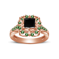 atjewels Princess & Round Cut Black Cubic Zirconia & Green Emerald 14k Rose Gold Over .925 Sterling Silver Engagement Ring Size 11 For Women's and Girl's MOTHER'S DAY SPECIAL OFFER - atjewels.in
