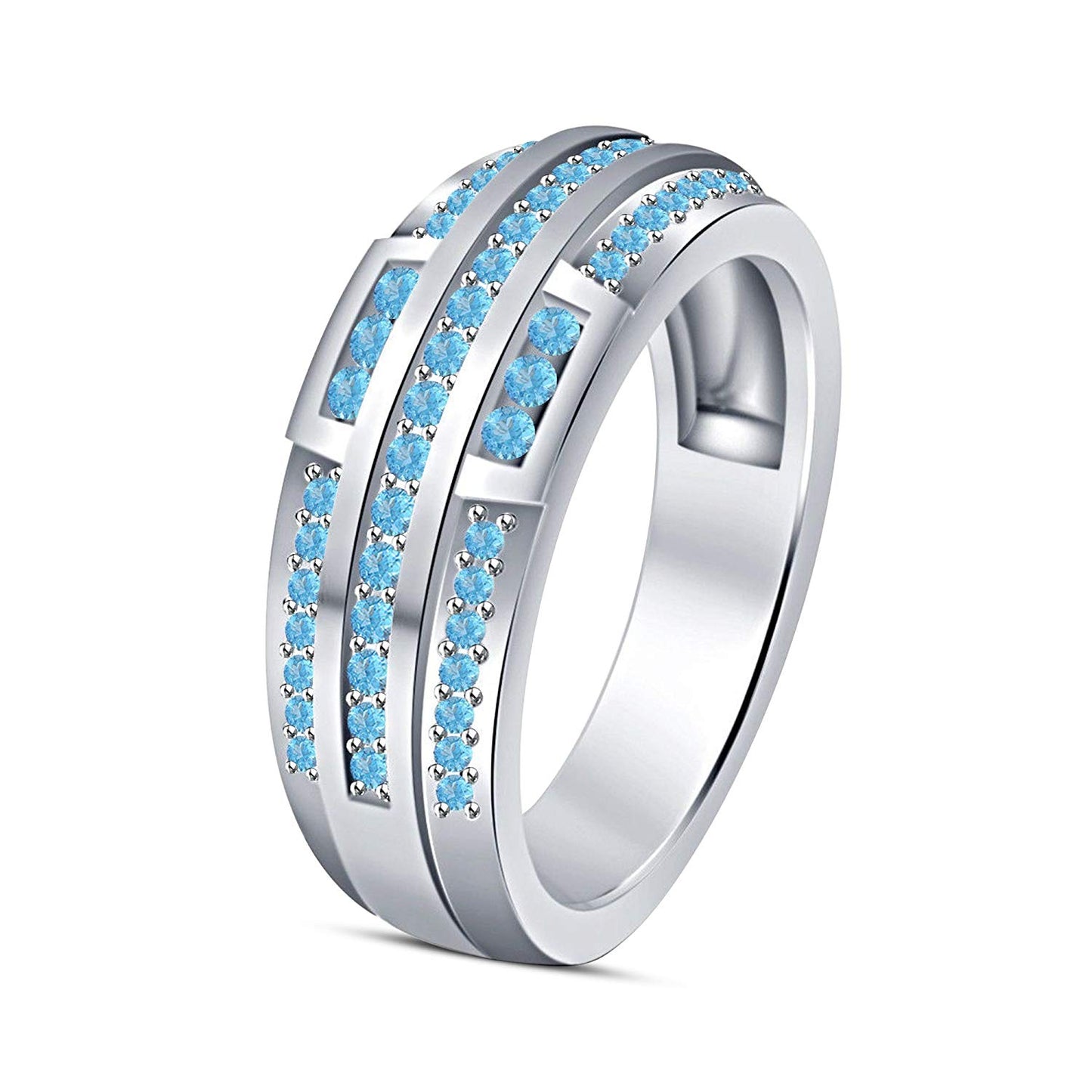 atjewels 14K White Gold on 925 Silver Round Aquamarine Wedding & Engagement Band Ring US Size 7 MOTHER'S DAY SPECIAL OFFER - atjewels.in