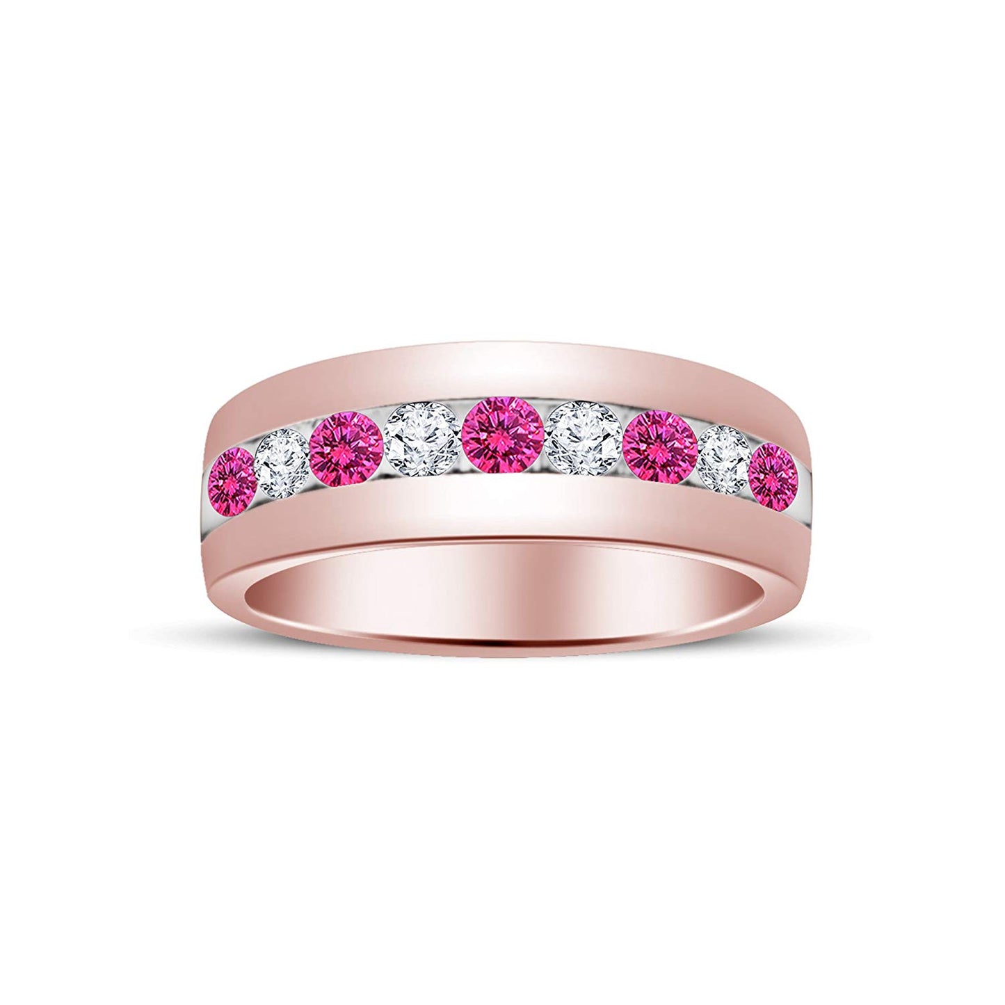atjewels Round Cut Pink Sapphire & White CZ 14k Rose Gold Over .925 Sterling Silver Wedding Band Ring For Women's and Girl's For Diwali Special - atjewels.in