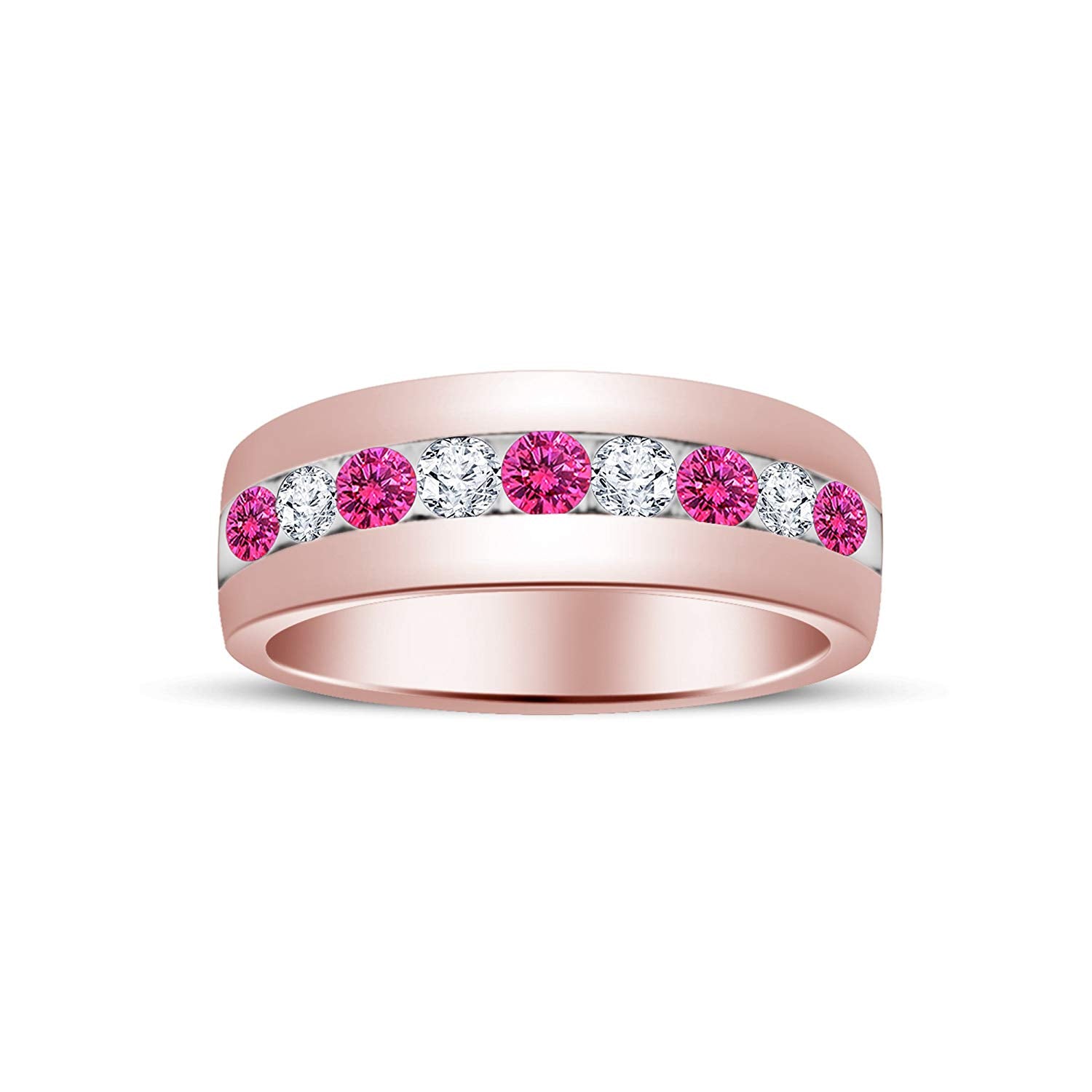 atjewels Round Cut Pink Sapphire & White CZ 14k Rose Gold Over .925 Sterling Silver Wedding Band Ring For Women's and Girl's For Diwali Special - atjewels.in