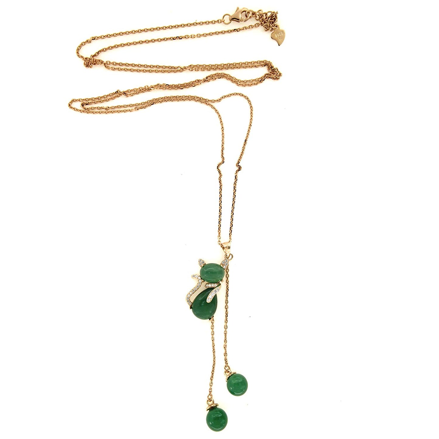 atjewels Rose Gold On 925 Sterling Silver Green Agate & White CZ Cat Pendant W/ 30" Chain MOTHER'S DAY SPECIAL OFFER - atjewels.in