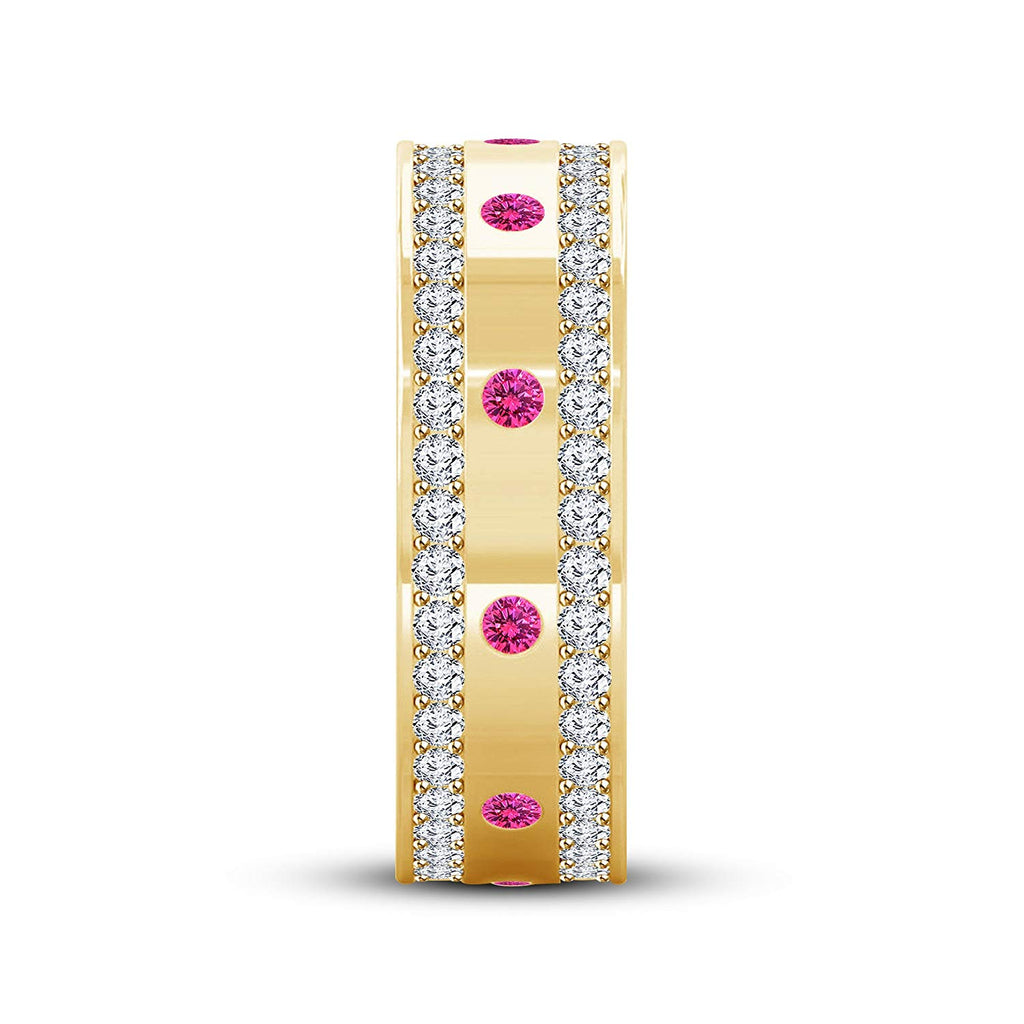 atjewels Round Pink Sapphire and White CZ in 14K Yellow Gold Over 925 Sterling Silver Wedding Band Ring MOTHER'S DAY SPECIAL OFFER - atjewels.in