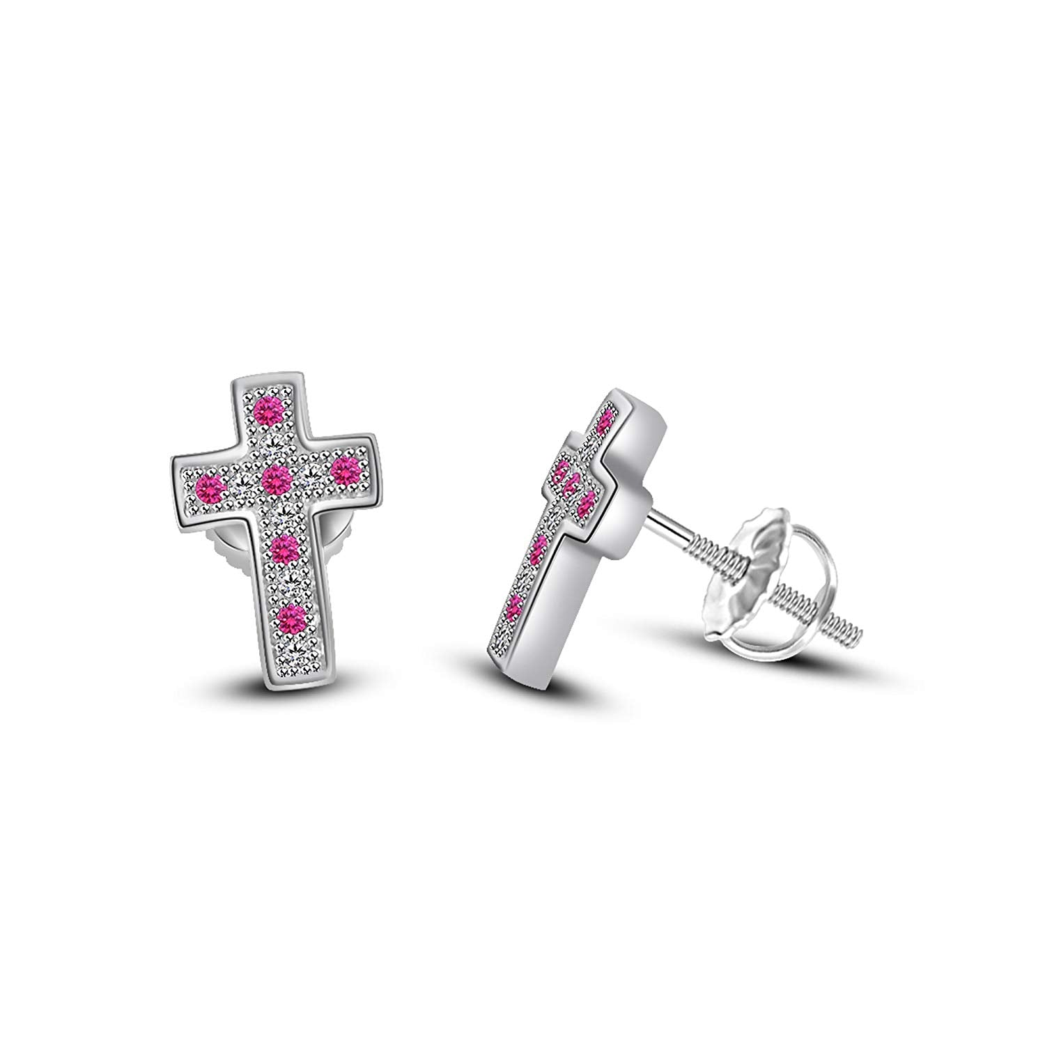 atjewels 14K White Gold Over 925 Sterling Silver Round Pink Sapphire & White CZ Cross Stud Earrings For Women's MOTHER'S DAY SPECIAL OFFER - atjewels.in