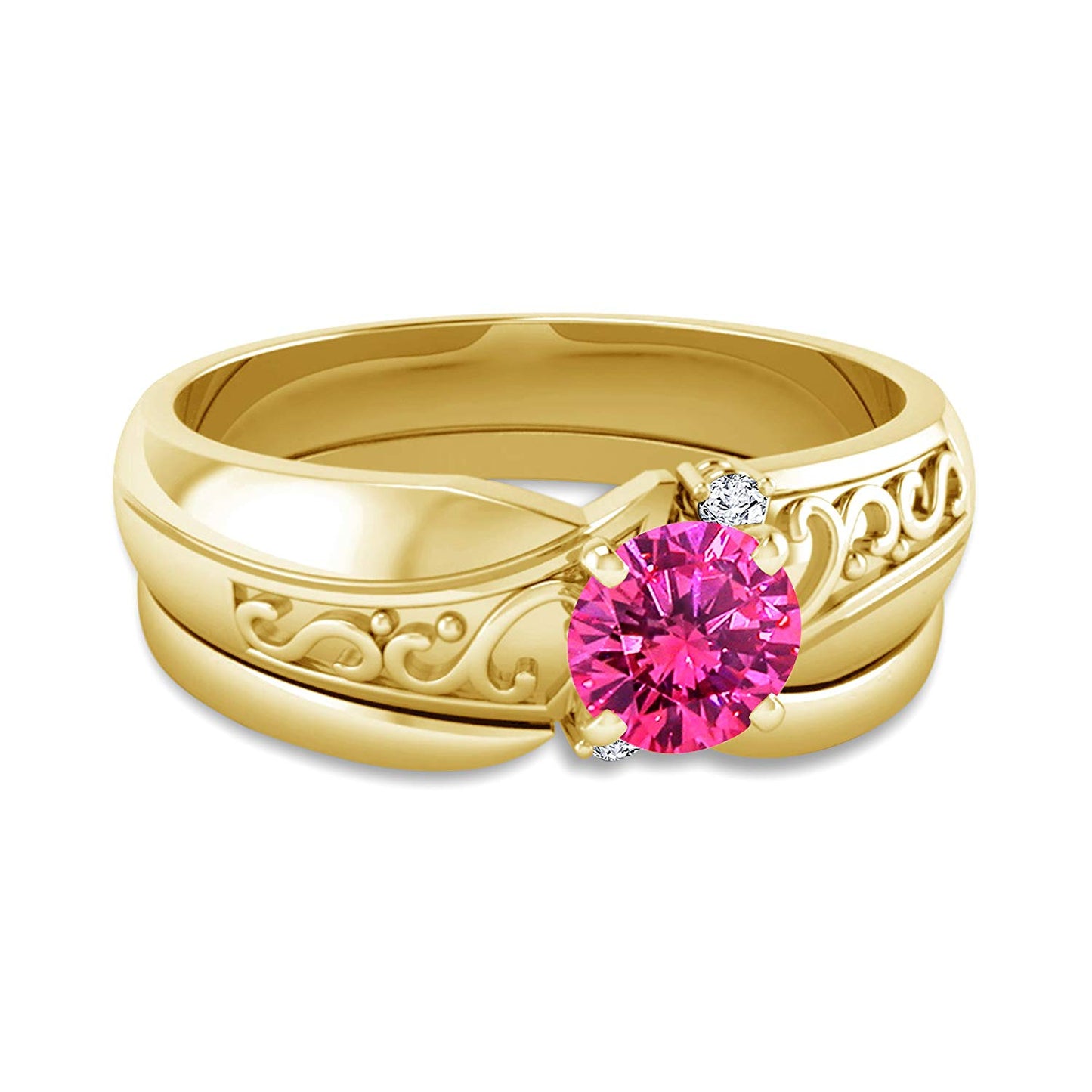 atjewels 14K Yellow Gold Over .925 Sterling Silver Round Cut Pink Sapphire & White Simulated Diamond Bridal Ring MOTHER'S DAY SPECIAL OFFER - atjewels.in