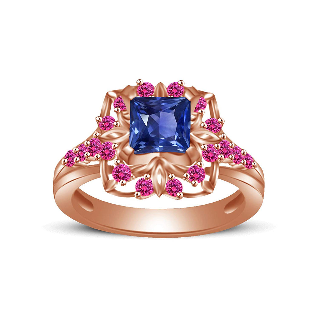 atjewels Princess & Round Cut Blue & Pink Sapphire 14k Rose Gold Over .925 Sterling Silver Engagement Ring Size 10 For Women's and Girl's MOTHER'S DAY SPECIAL OFFER - atjewels.in