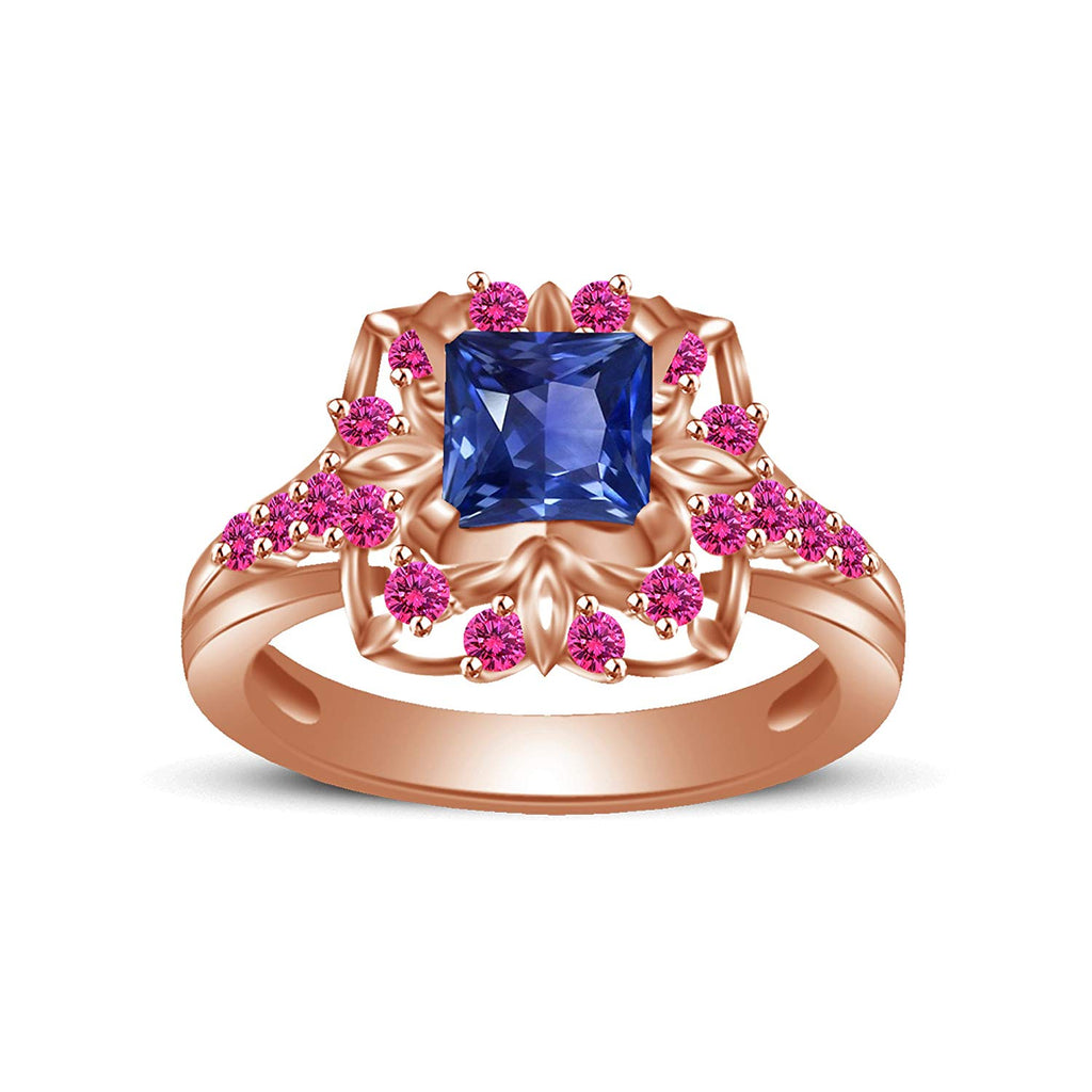 atjewels Princess & Round Cut Blue & Pink Sapphire 14k Rose Gold Over .925 Sterling Silver Engagement Ring Size 9 For Women's and Girl's MOTHER'S DAY SPECIAL OFFER - atjewels.in