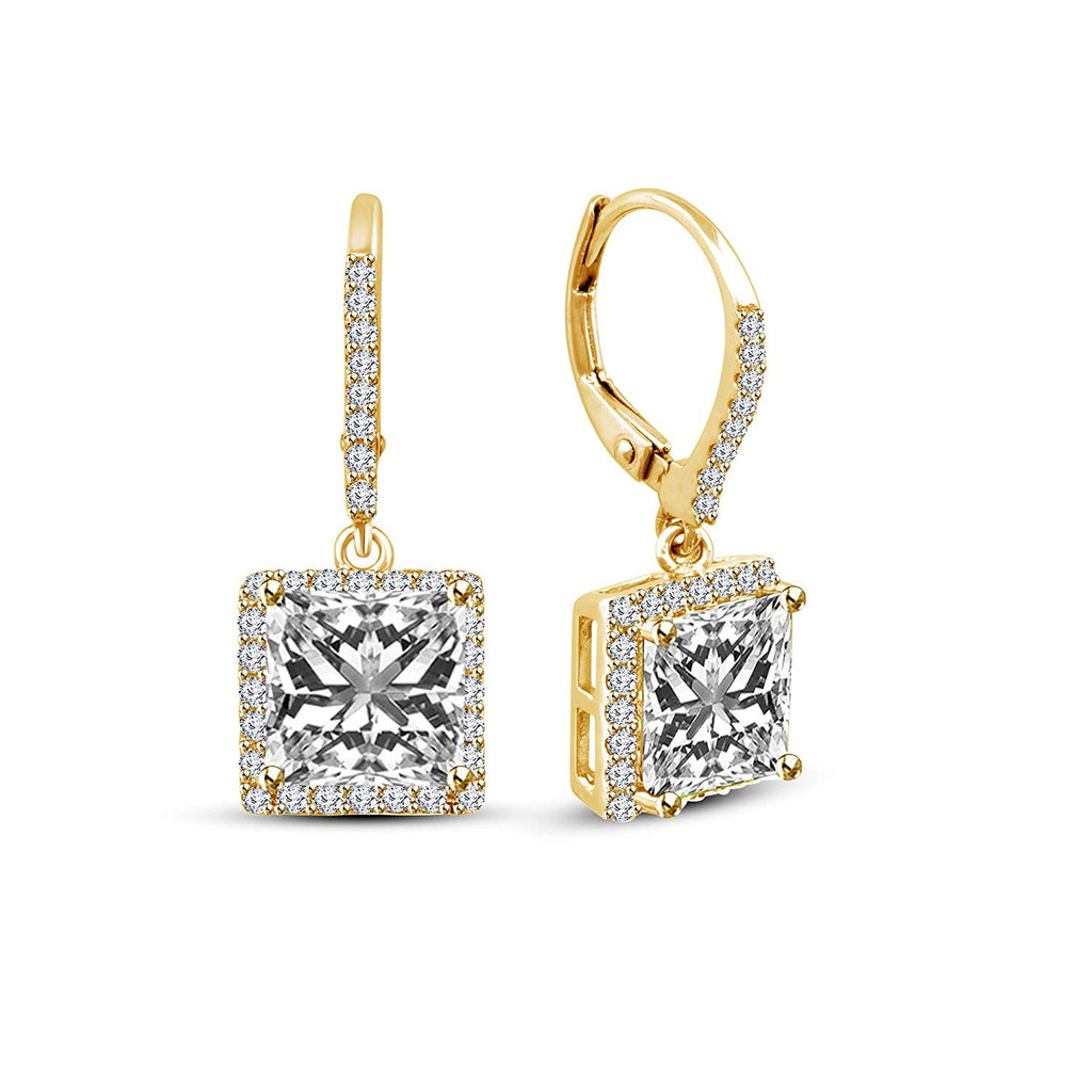 atjewels Princess and Round White CZ 14K Yellow Gold Plated on Sterling 925 Lever Back Dangle Earrings For Women/Girls MOTHER'S DAY SPECIAL OFFER - atjewels.in