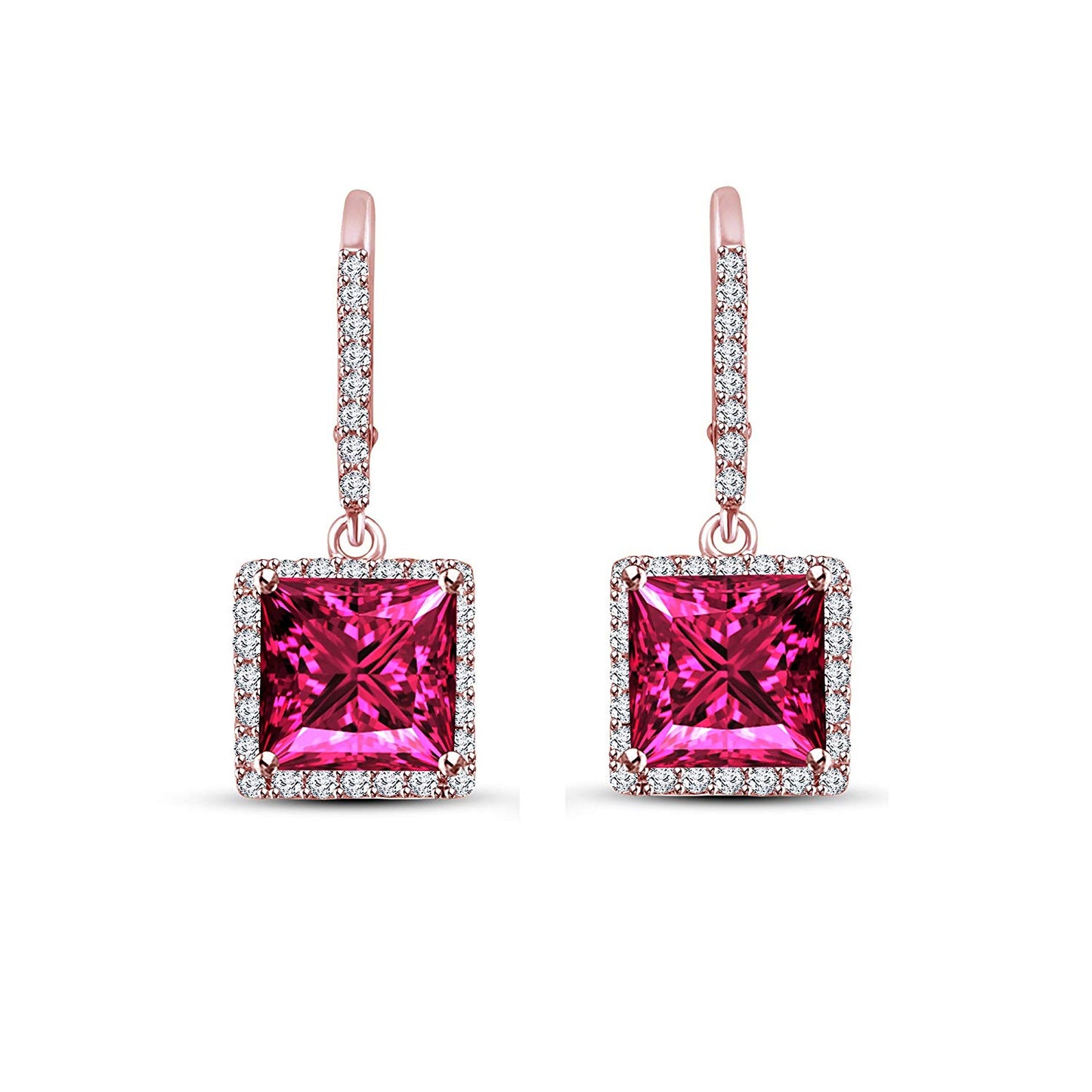 atjewels Princess Pink Sapphire and Round White CZ Rose Gold Over 925 Sterling Dangle Earrings For Women/Girls MOTHER'S DAY SPECIAL OFFER - atjewels.in