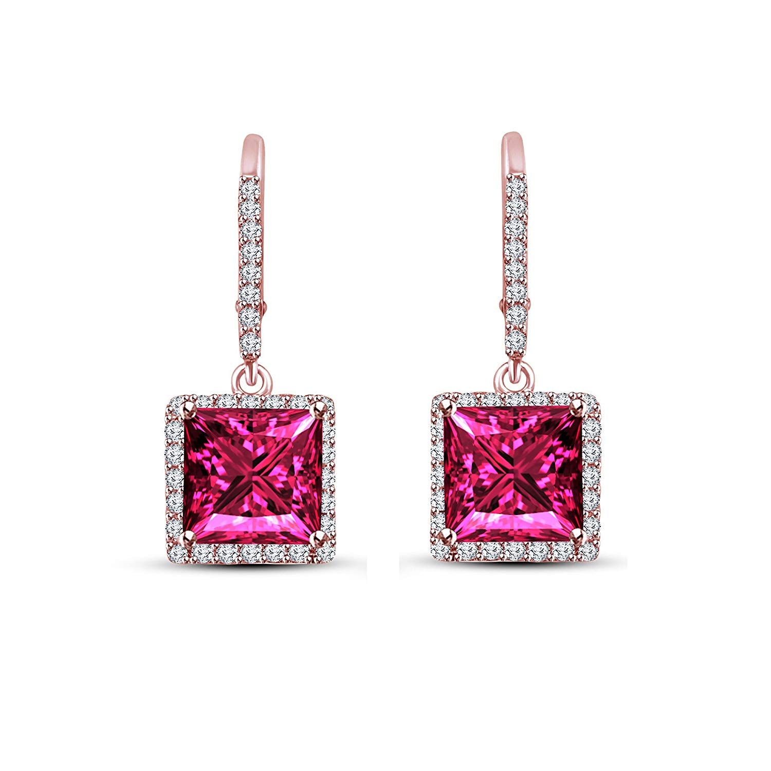atjewels Princess Pink Sapphire and Round White CZ Rose Gold Over 925 Sterling Dangle Earrings For Women/Girls MOTHER'S DAY SPECIAL OFFER - atjewels.in