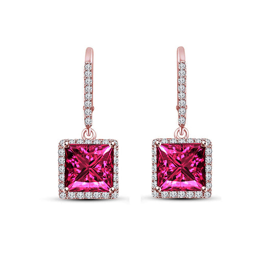 atjewels Princess Pink Sapphire and Round White CZ Rose Gold Over 925 Sterling Dangle Earrings For Women/Girls MOTHER'S DAY SPECIAL OFFER - atjewels.in
