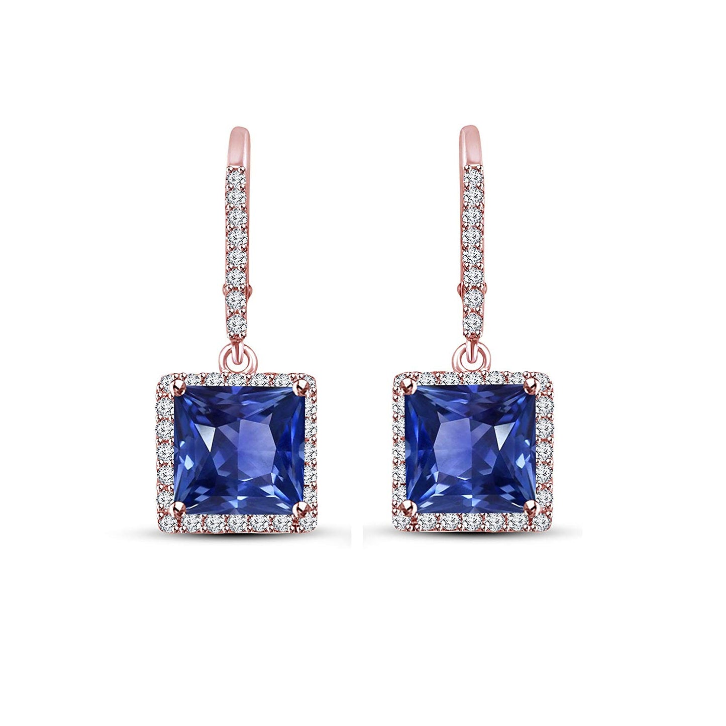 atjewels Princess Sapphire & White Round CZ in 14K Rose Gold Over Sterling 925 Dangle Earrings For Women/Girls MOTHER'S DAY SPECIAL OFFER - atjewels.in