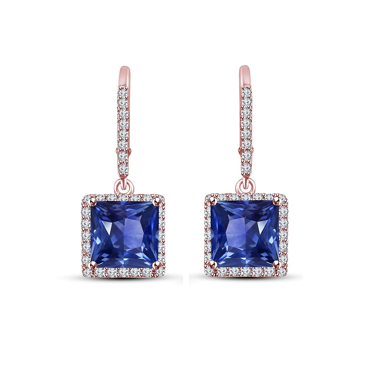 atjewels Princess Sapphire & White Round CZ in 14K Rose Gold Over Sterling 925 Dangle Earrings For Women/Girls MOTHER'S DAY SPECIAL OFFER - atjewels.in