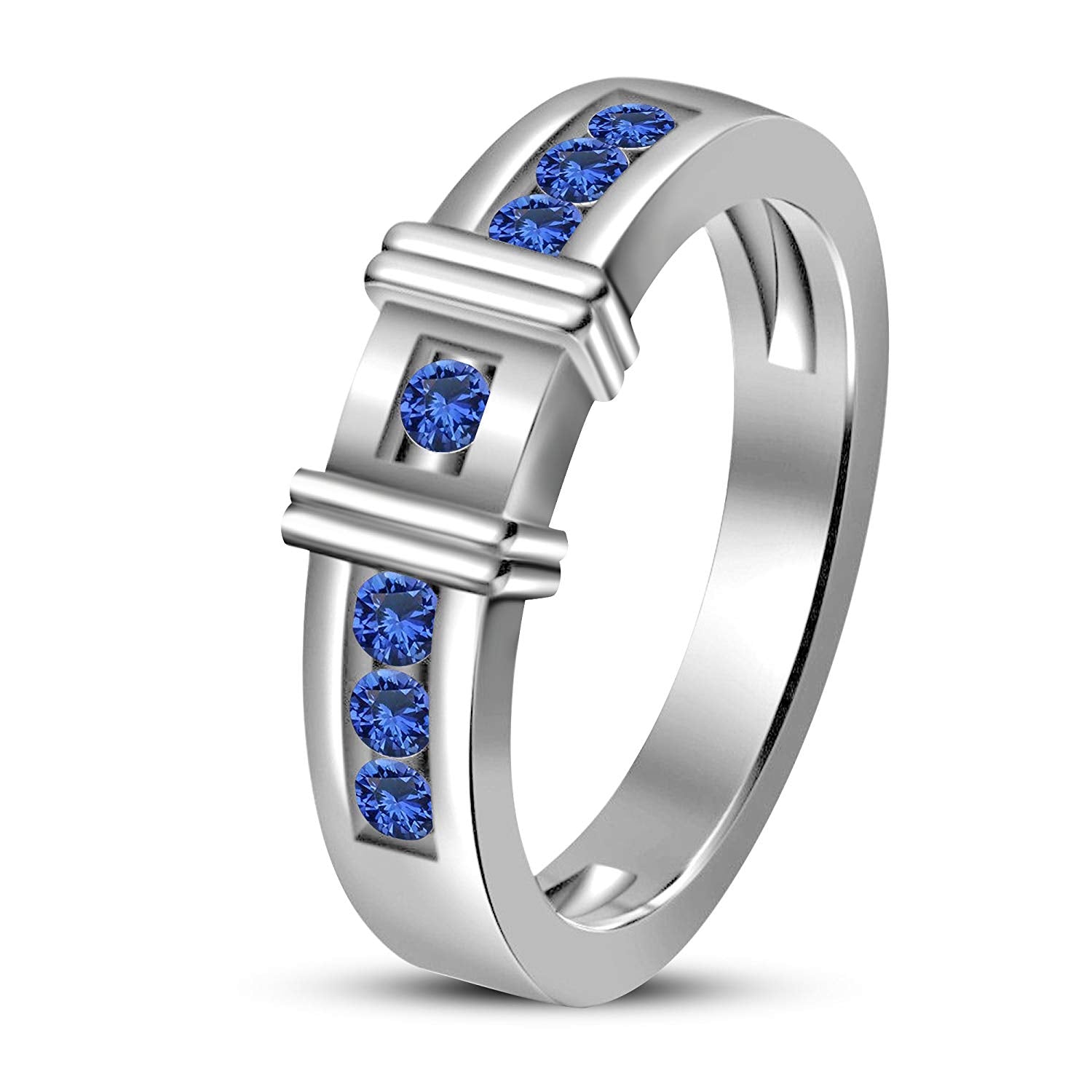 atjewels 14K White Gold on 925 Silver Round Blue Sapphire Wedding & Engagement Band Ring US Size 7 MOTHER'S DAY SPECIAL OFFER - atjewels.in