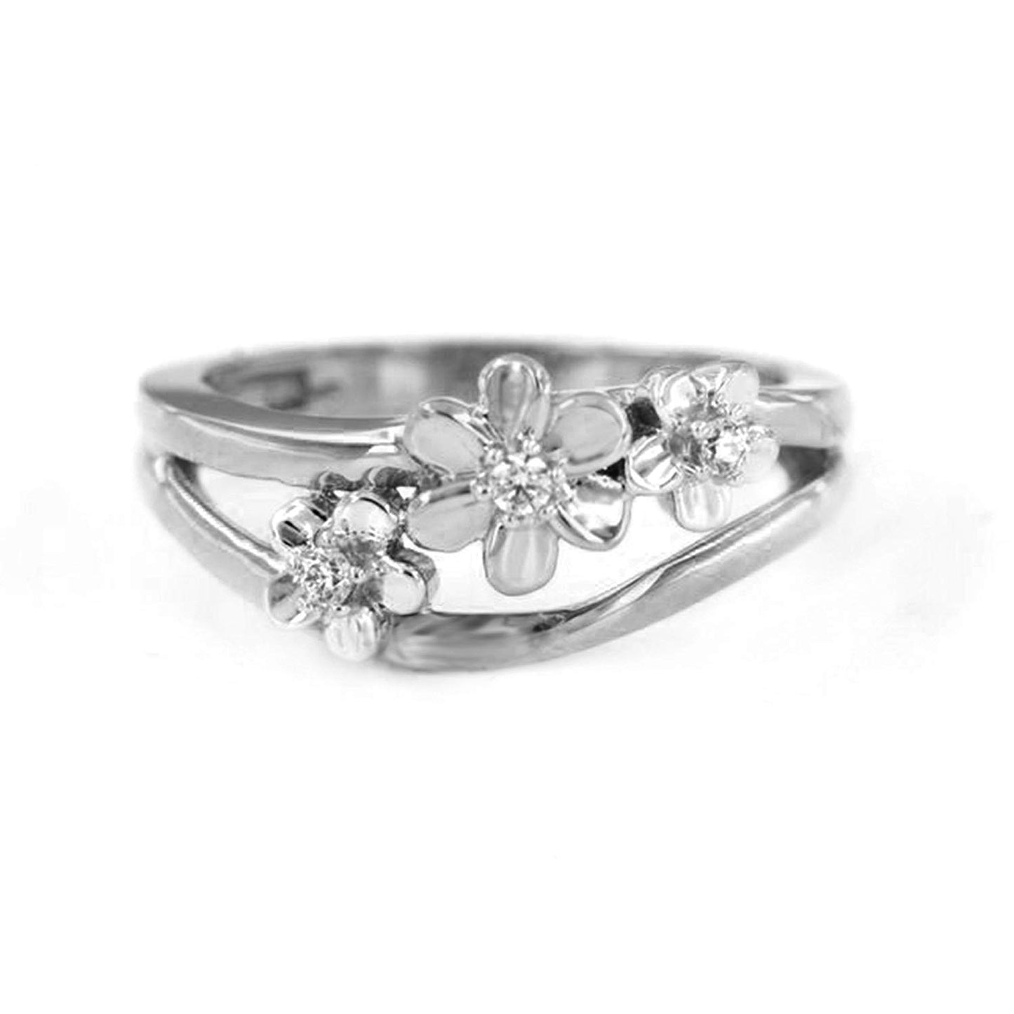 atjewels 14K White Gold Plated On 925 Sterling Silver with 0.13 CT Round White CZ Three Flower Ring MOTHER'S DAY SPECIAL OFFER - atjewels.in