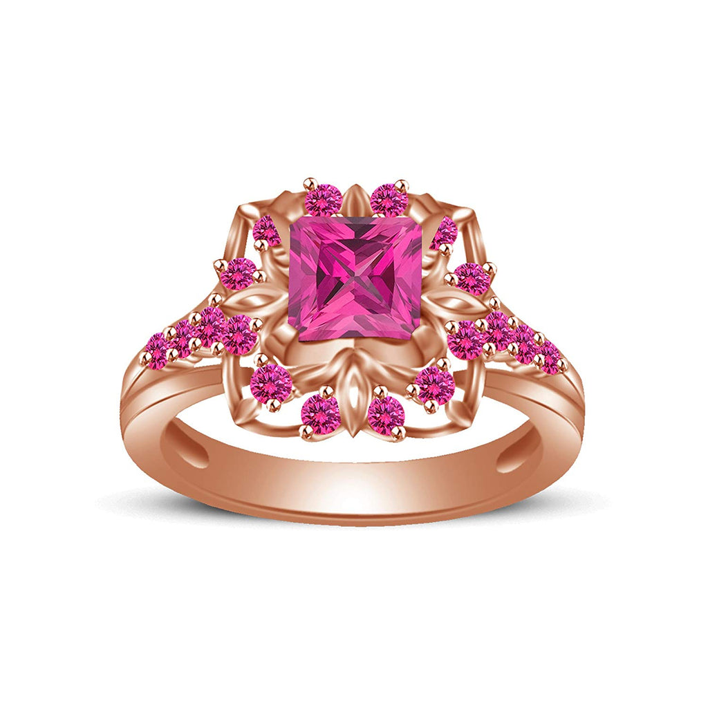 atjewels Princess & Round Cut Pink Sapphire 14k Rose Gold Over .925 Sterling Silver Engagement Ring Size 8 For Women's and Girl's MOTHER'S DAY SPECIAL OFFER - atjewels.in