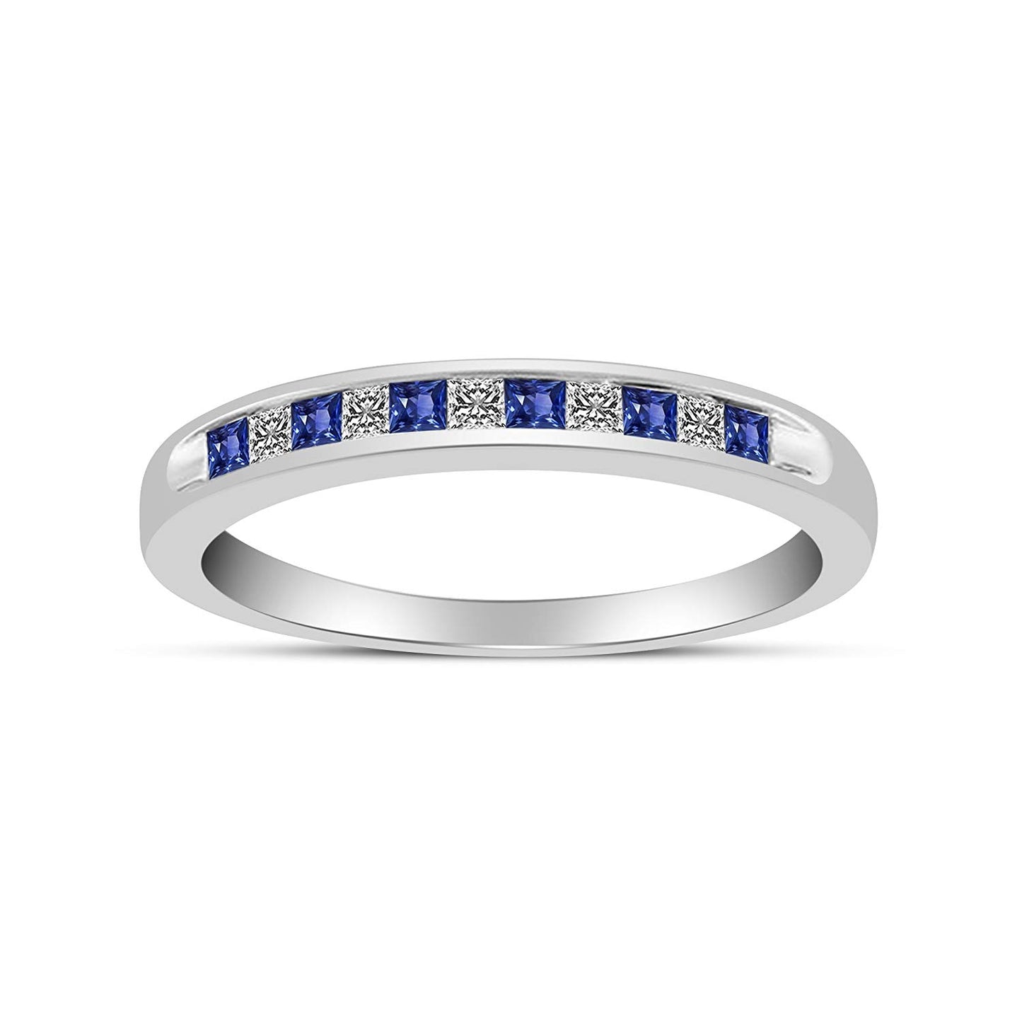 atjewels 18K White Gold Over 925 Sterling Silver Princess Blue Sapphire & White CZ Wedding Band Ring MOTHER'S DAY SPECIAL OFFER - atjewels.in