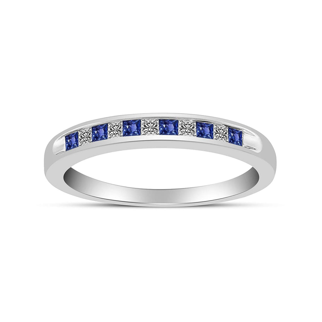 atjewels 18K White Gold Over 925 Sterling Silver Princess Blue Sapphire & White CZ Wedding Band Ring MOTHER'S DAY SPECIAL OFFER - atjewels.in